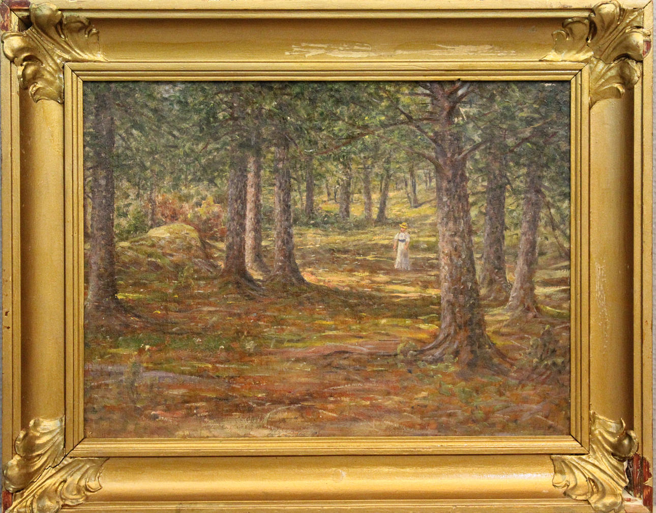 OKÄND KONSTNÄR. Flickan på skogsvägen. Olja på pannå. Osignerad.