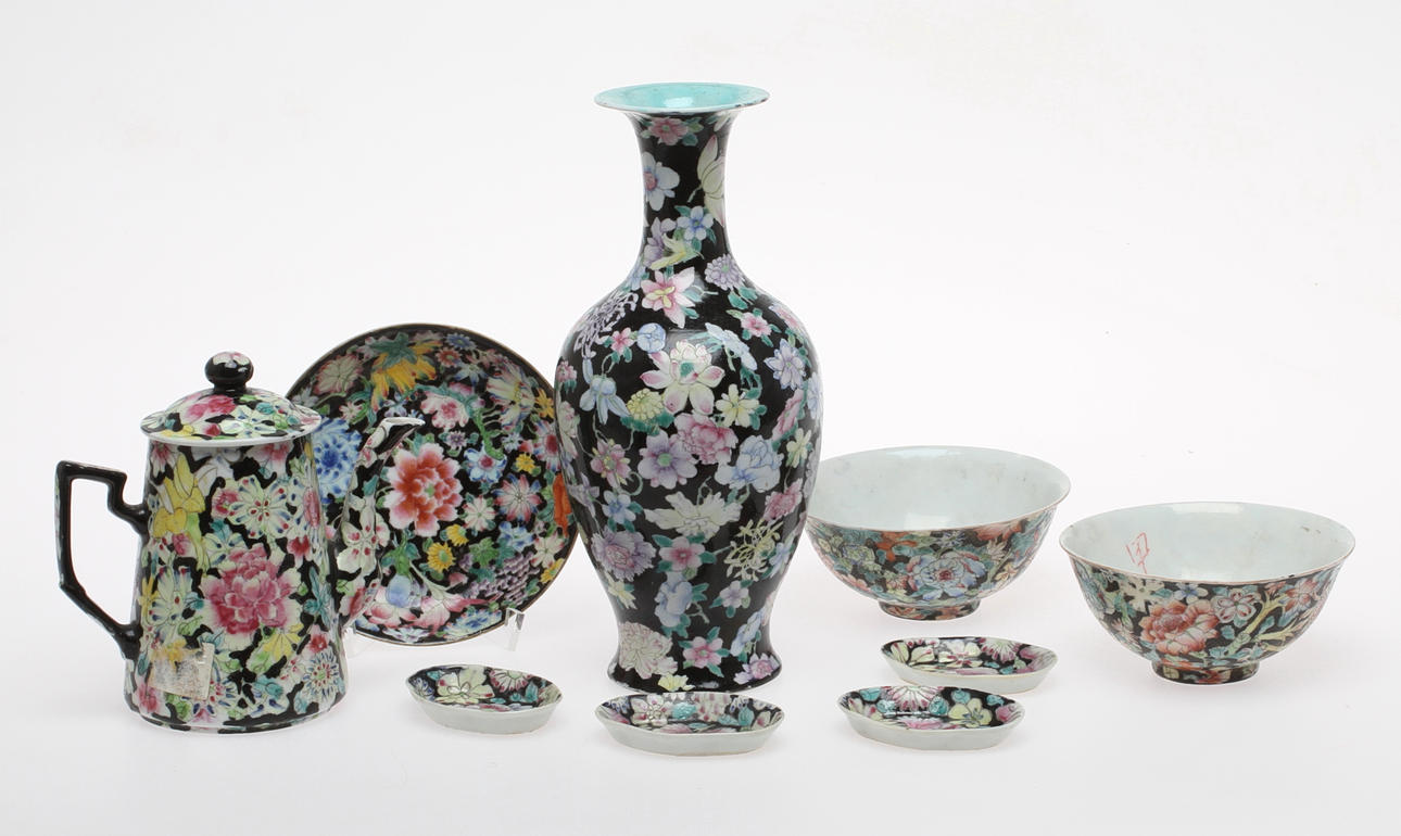 SKÅLAR, 2 st, FAT 1+4 st, KANNA, VAS, porslin, Kina.