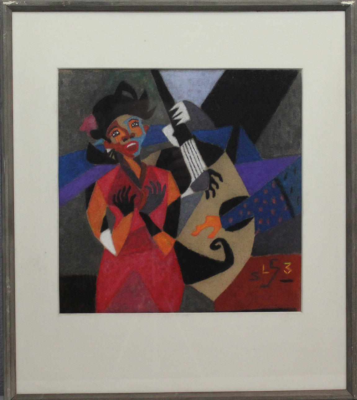 OIDENTIFIERAD KONSTNÄR. Clown med gitarr. Pastell. Otydlig signatur.