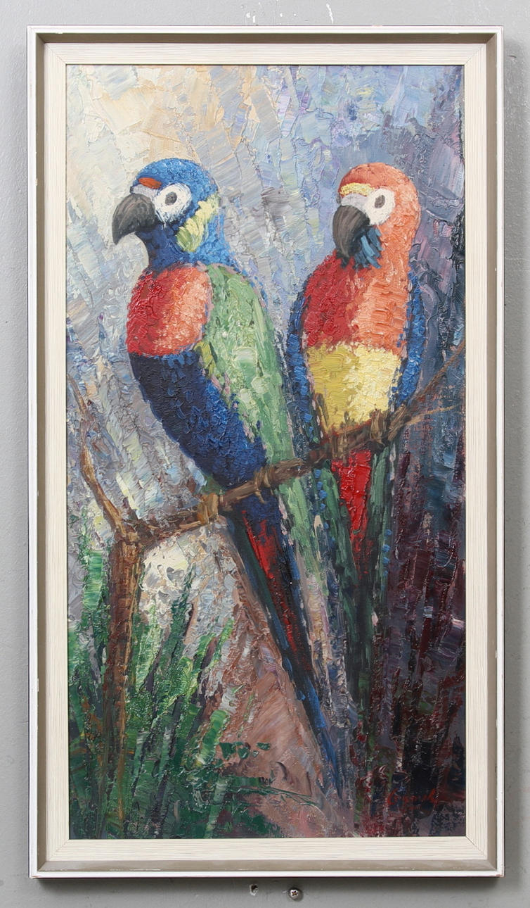OKÄND KONSTNÄR. Motiv med papegojor. Olja på duk. Signerad Cernik.