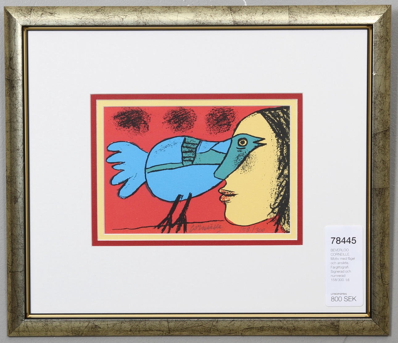 BEVERLOO CORNEILLE. Motiv med fågel och ansikte. Färglitografi. Signerad och numrerad 158/300.