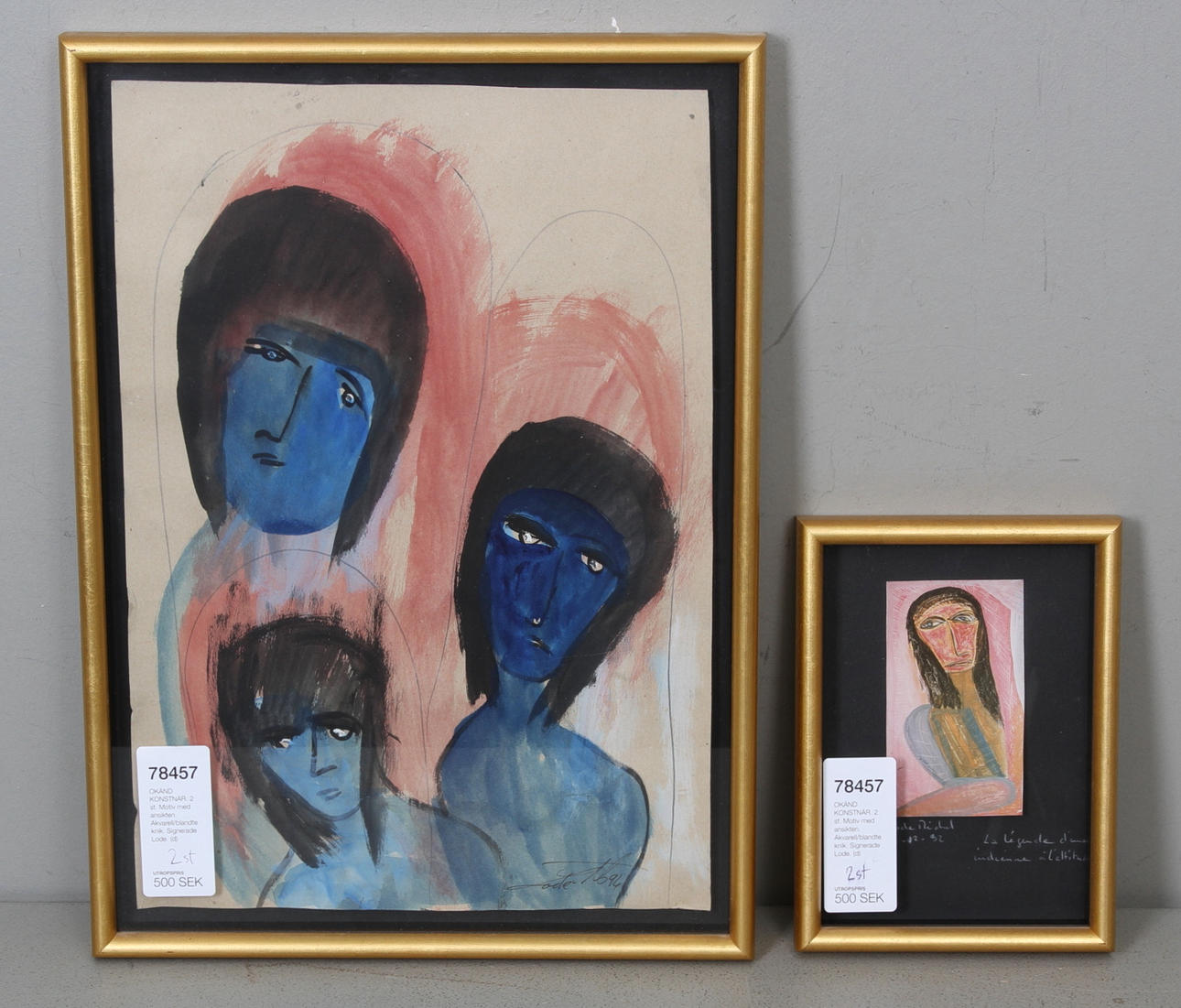 MICHEL MAURICE LODE. 2 pcs. Motif with faces. Watercolor / mixed media. Signed Lode.