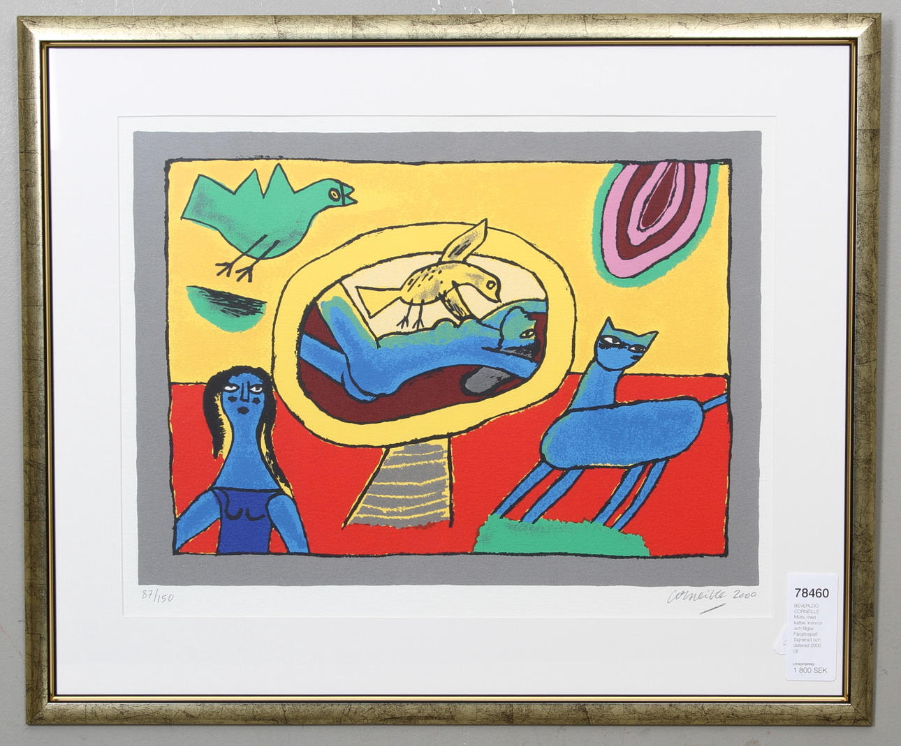 BEVERLOO CORNEILLE. Motiv med katter, kvinnor och fåglar. Färglitografi. Signerad och daterad 2000. Numrerad 87/150.