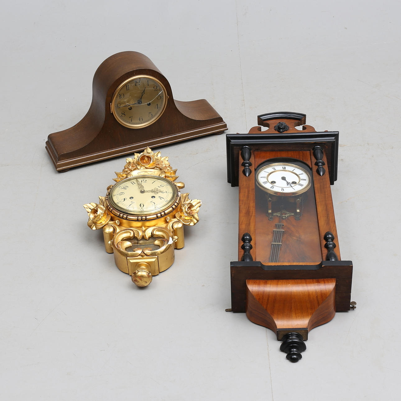WALL CLOCK, (2), and TABLE CLOCK, "Klenzle", 19th/20th century.