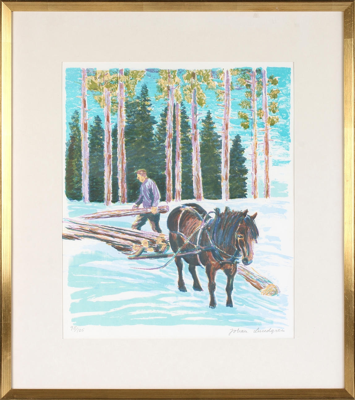 JOHAN LUNDGREN. Forest work, lithograph, signed and dated 98/125.