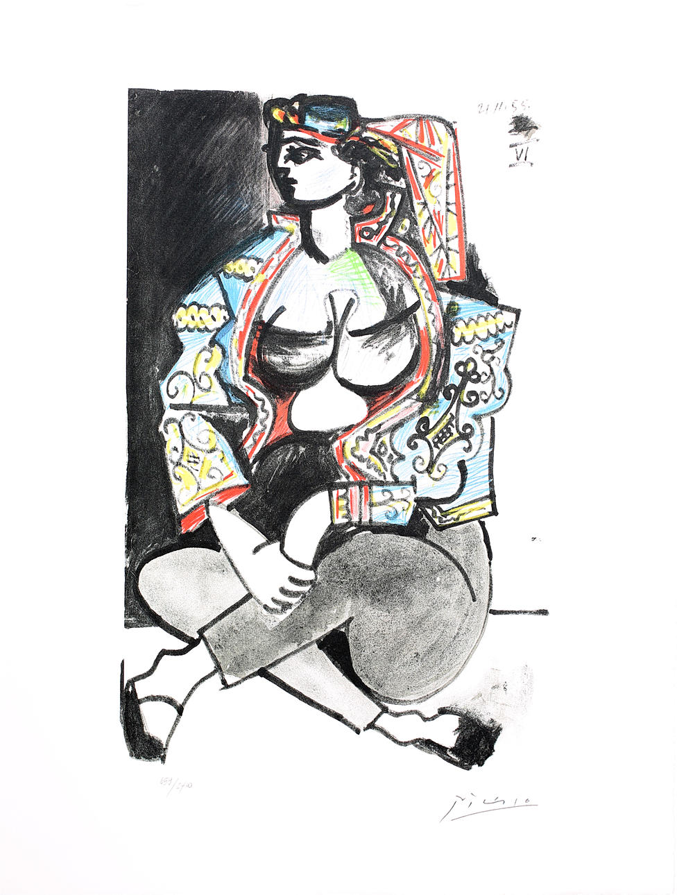 PABLO PICASSO. EFTER. Modell. Färgreproduktion. Signerad Picasso och daterad 21.11.55 i trycket. Numrerad 659/2400 med blyerts.