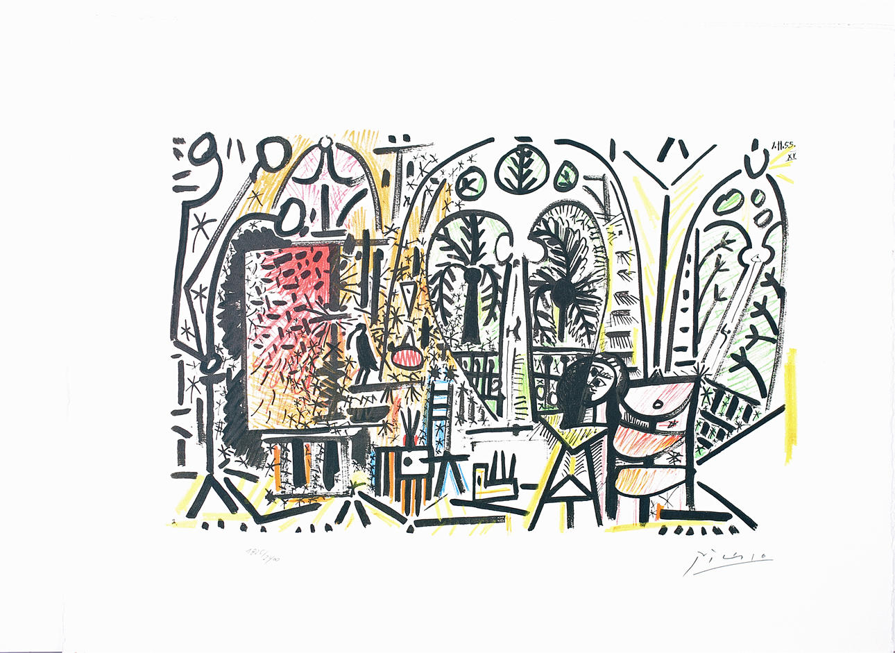 PABLO PICASSO. EFTER. Le Atelier, Californie, 1955. Färgreproduktion. Signerad Picasso och daterad 8.11.55 i trycket och numrerad 1825/2400 med blyerts.