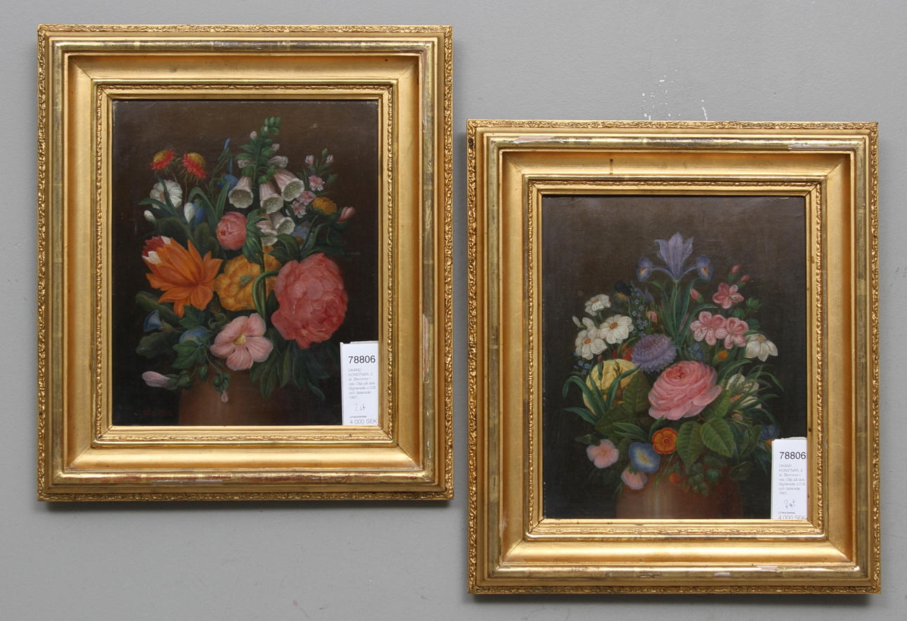 OKÄND KONSTNÄR. 2 st. Blommor i vas. Olja på duk. Signerade J.O.B och daterade 1861.