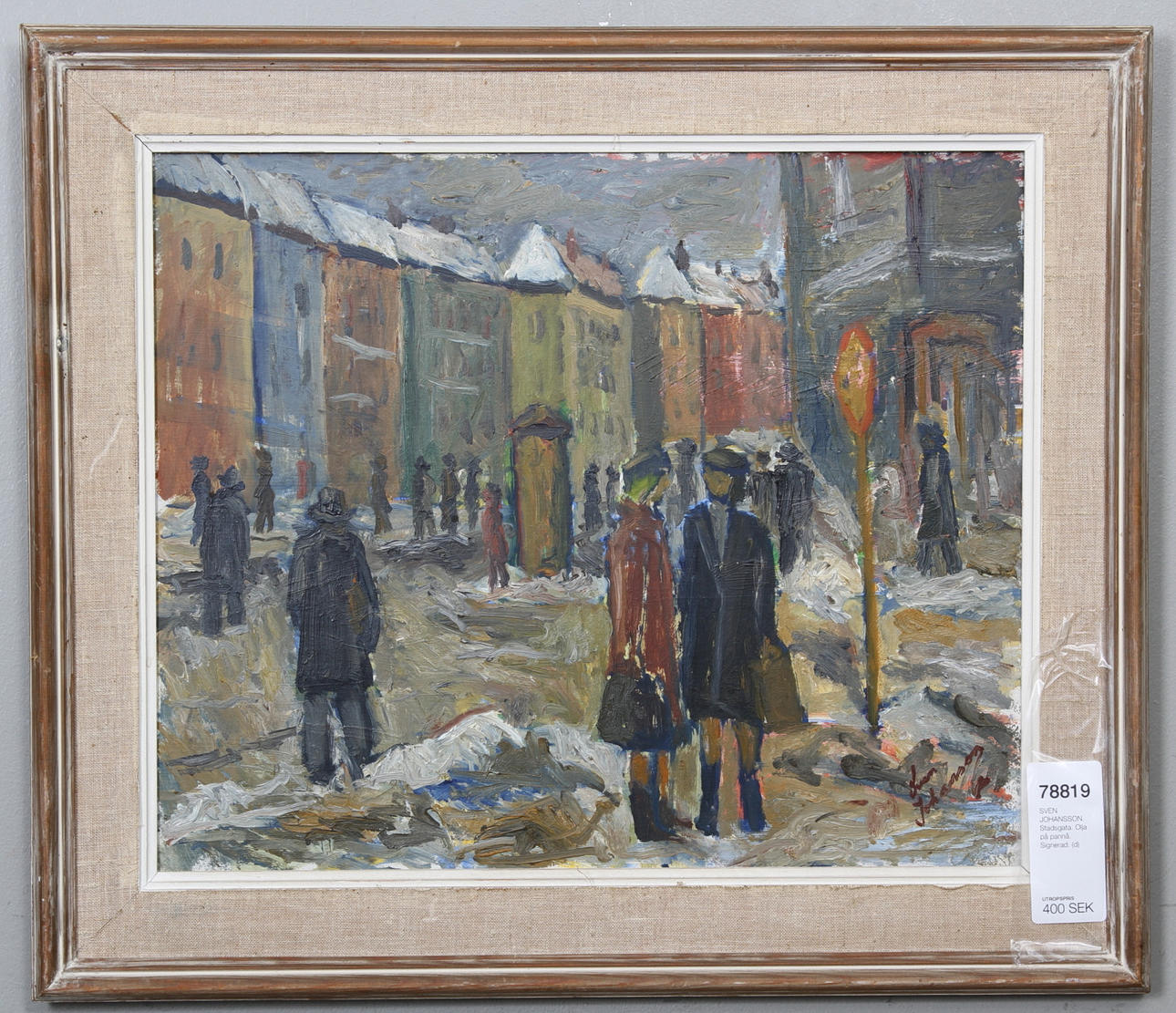 SVEN JOHANSSON. Stadsgata. Olja på pannå. Signerad.