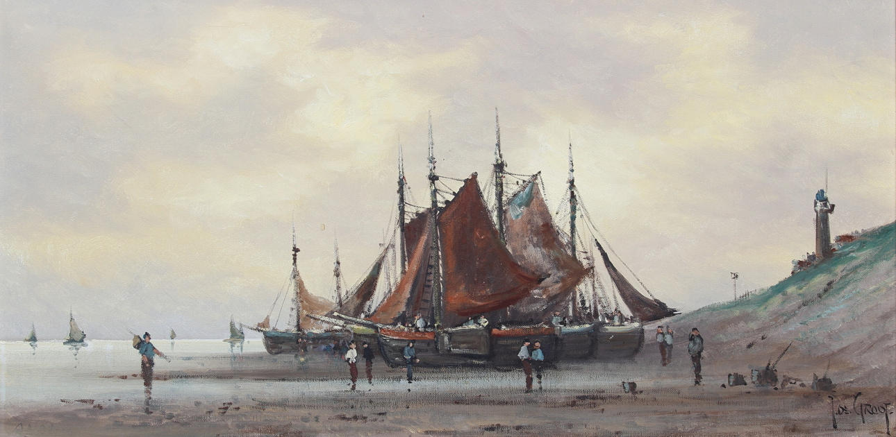 OKÄND KONSTNÄR. Strandlandskap med båtar. Olja på duk. Signerad J.DE GROOT.