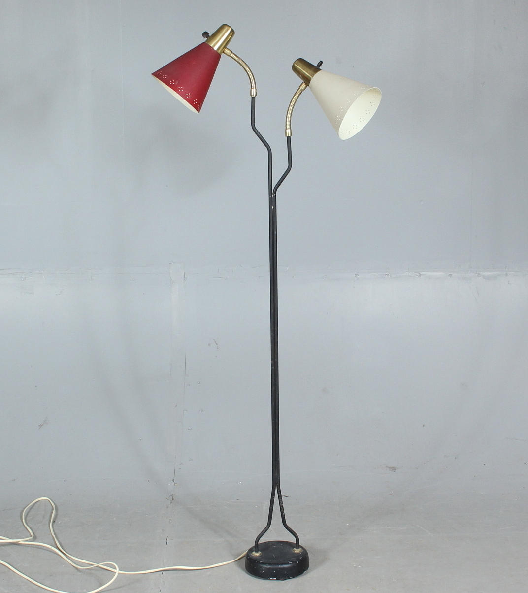 FLOOR LAMP, 2 light bulbs, tin, AJH, 1950s.