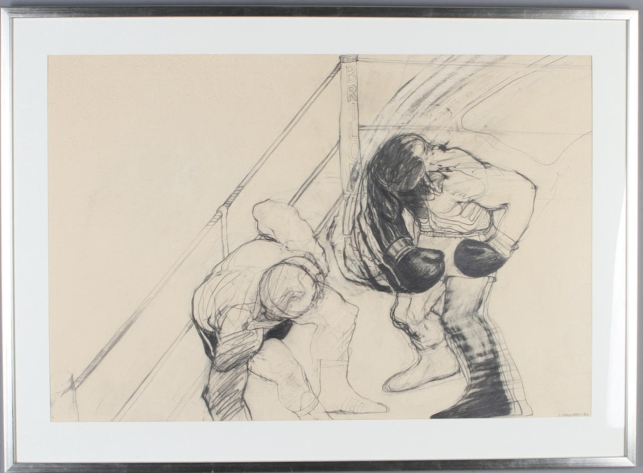 HANS HAMNGREN. Boxningsmatch, teckning, signerad samt daterad 1966.