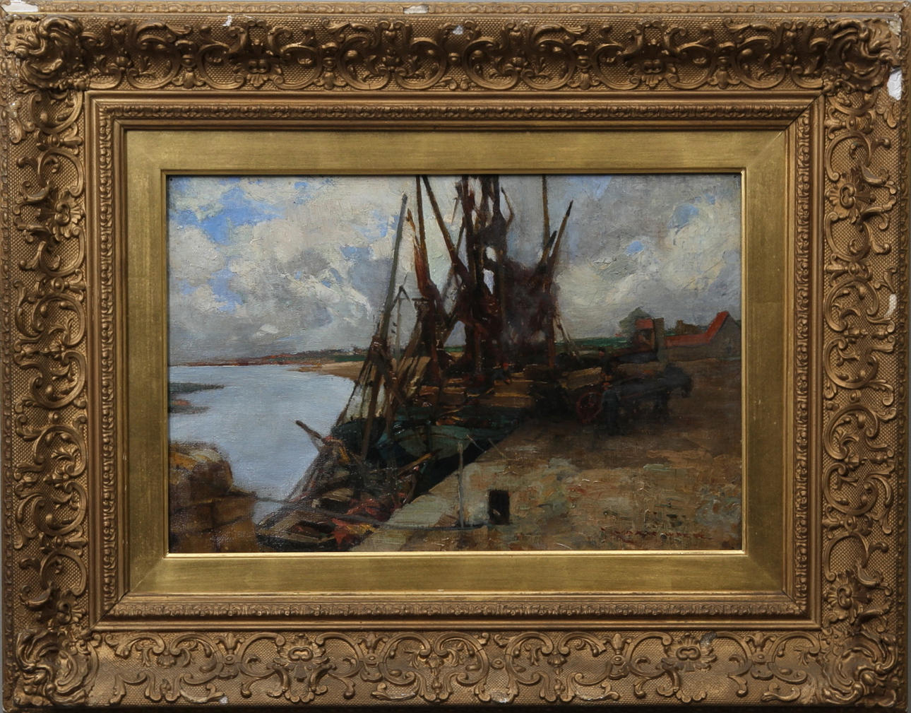 OKÄND KONSTNÄR. 1800-tal. Hamnbild med arbetare. Olja på duk. Otydligt signerad.