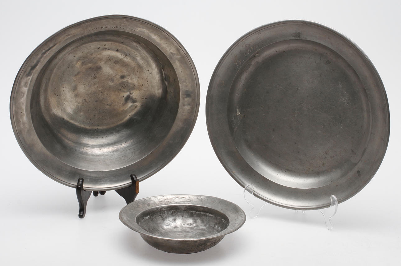 SKÅLFAT och FAT, 3 delar, tenn, 1800-tal.