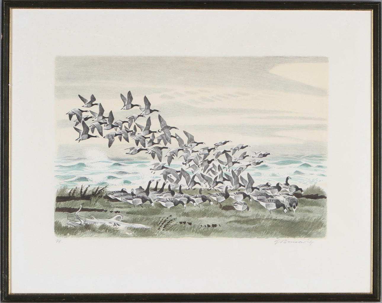 GUNNAR BRUSEWITZ. Motiv med fåglar, färglitografi, provtryck, signerad.