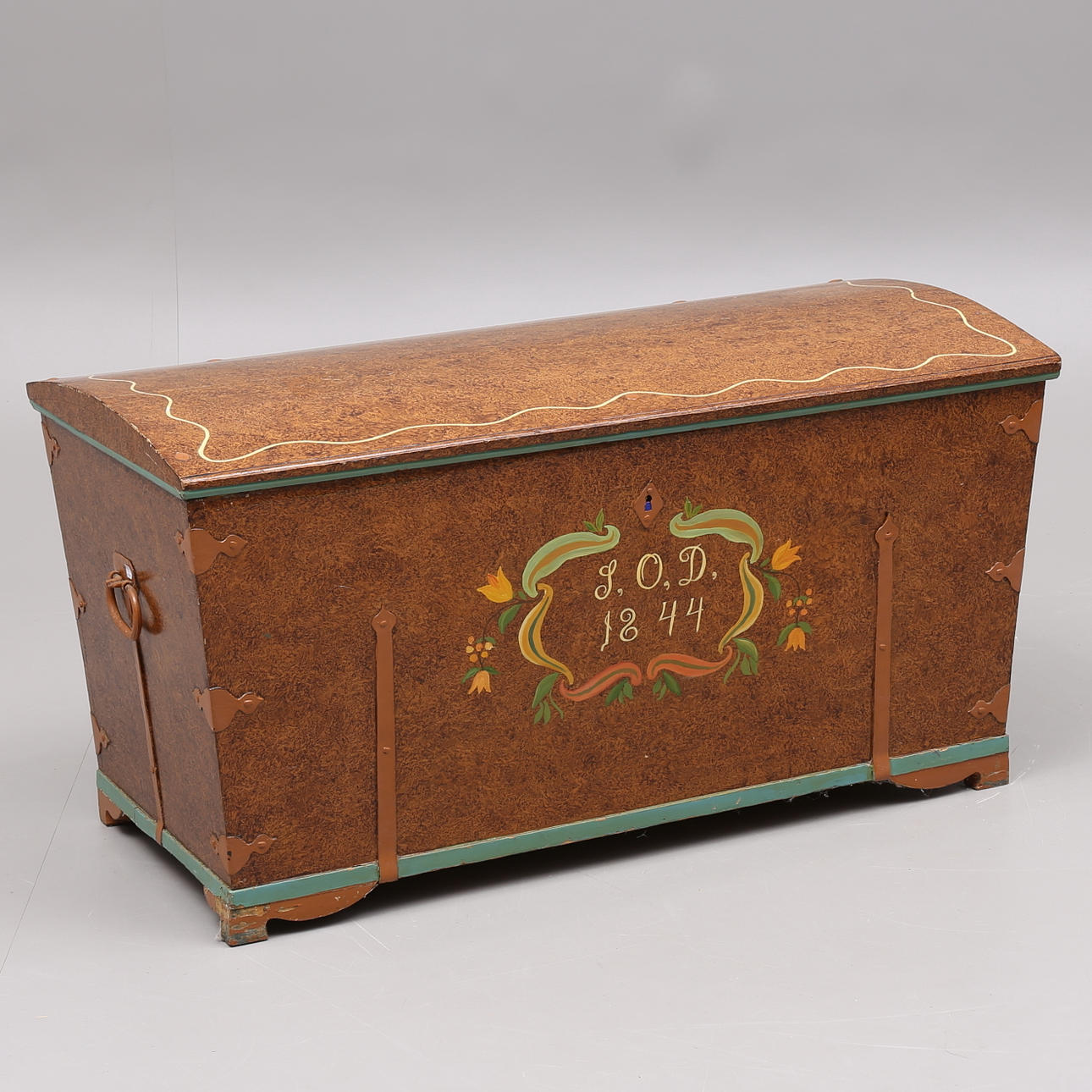 COFFIN, arched cover, grain painted, marked 1844.