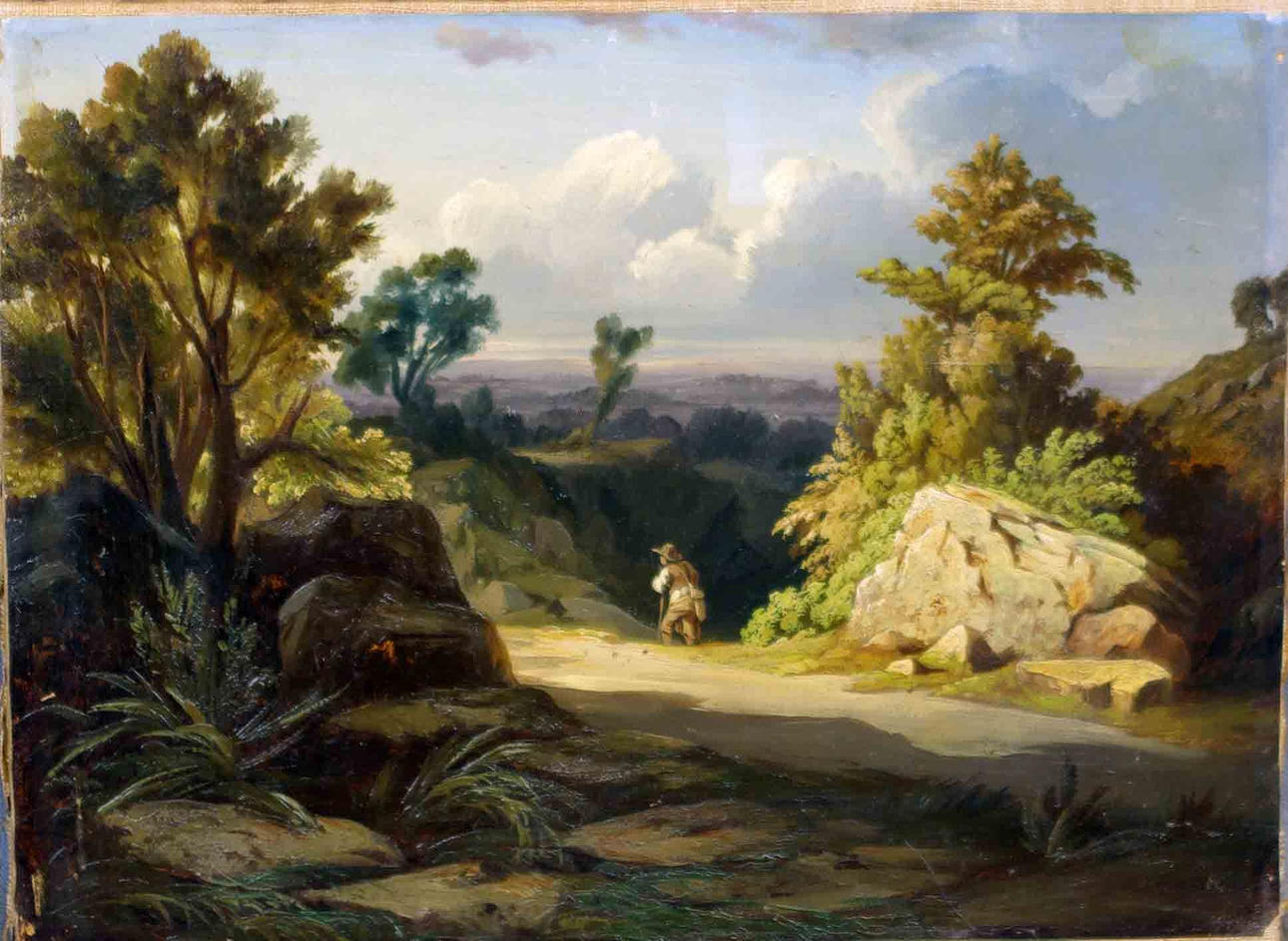 OKÄND KONSTNÄR. Promenad längs landsväg, olja uppklistrad på duk. Osignerad.