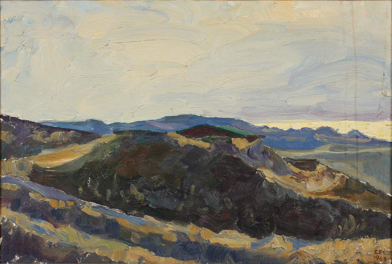 KNUD EEL. "Sol över hav och klippor". Olja på duk, signerad EEL och daterad 1963.