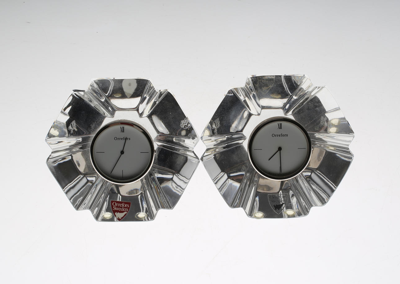 TABLE CLOCK, a pair, glass, 