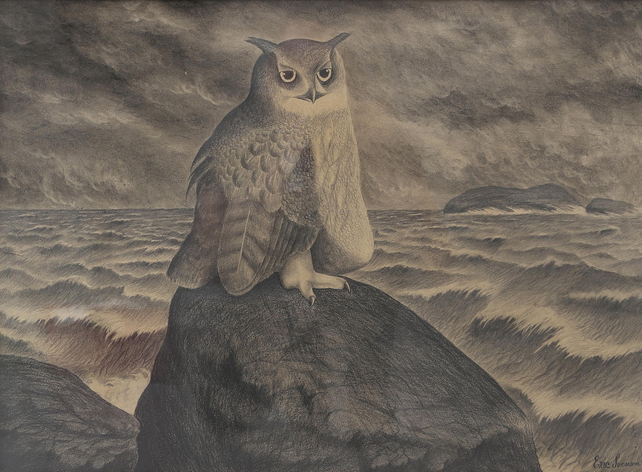 OIDENTIFIERAD KONSTNÄR. Owl. Pencils, signed Eric Svenson.
