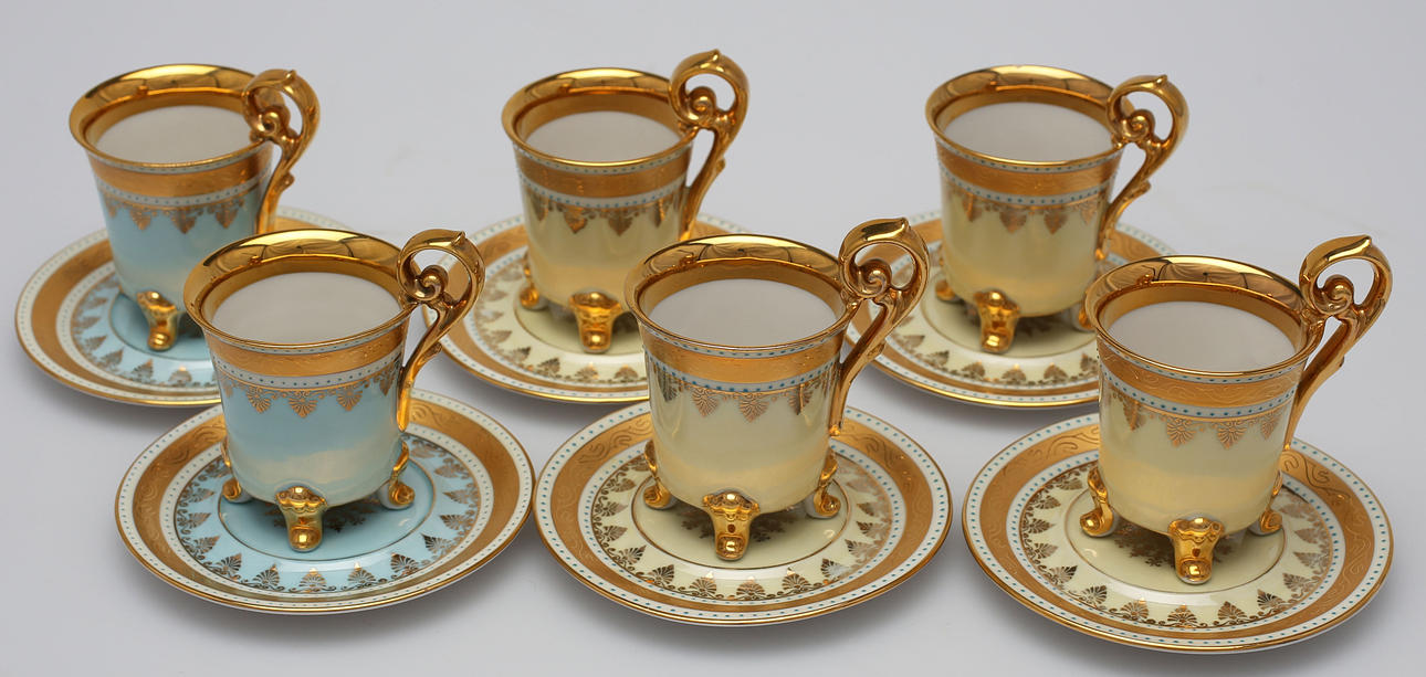 MOCCAKOPPAR MED FAT, 6 st, porslin, troligen Tyskland.