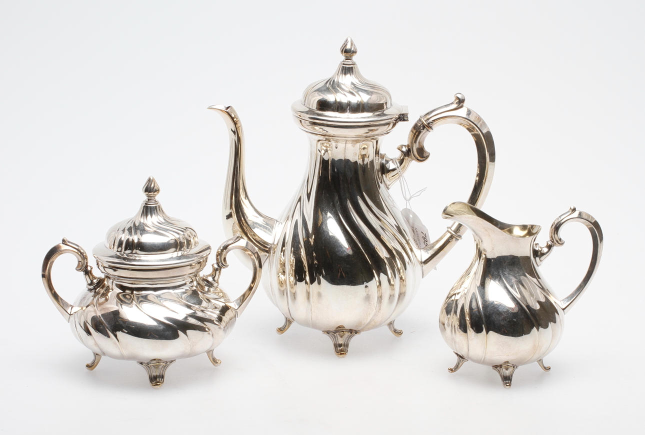 KAFFESERVIS, 3 delar, rokokostil, nysilver, WMF, 1900-tal.