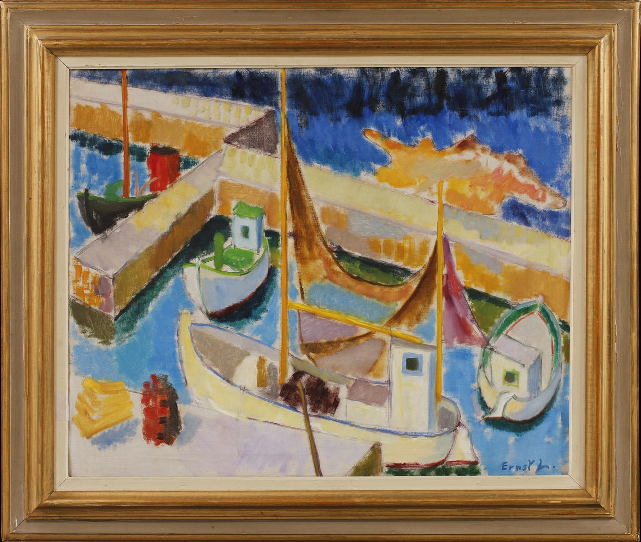 ERNST LARSON. Hamnbild, olja på duk, signerad.