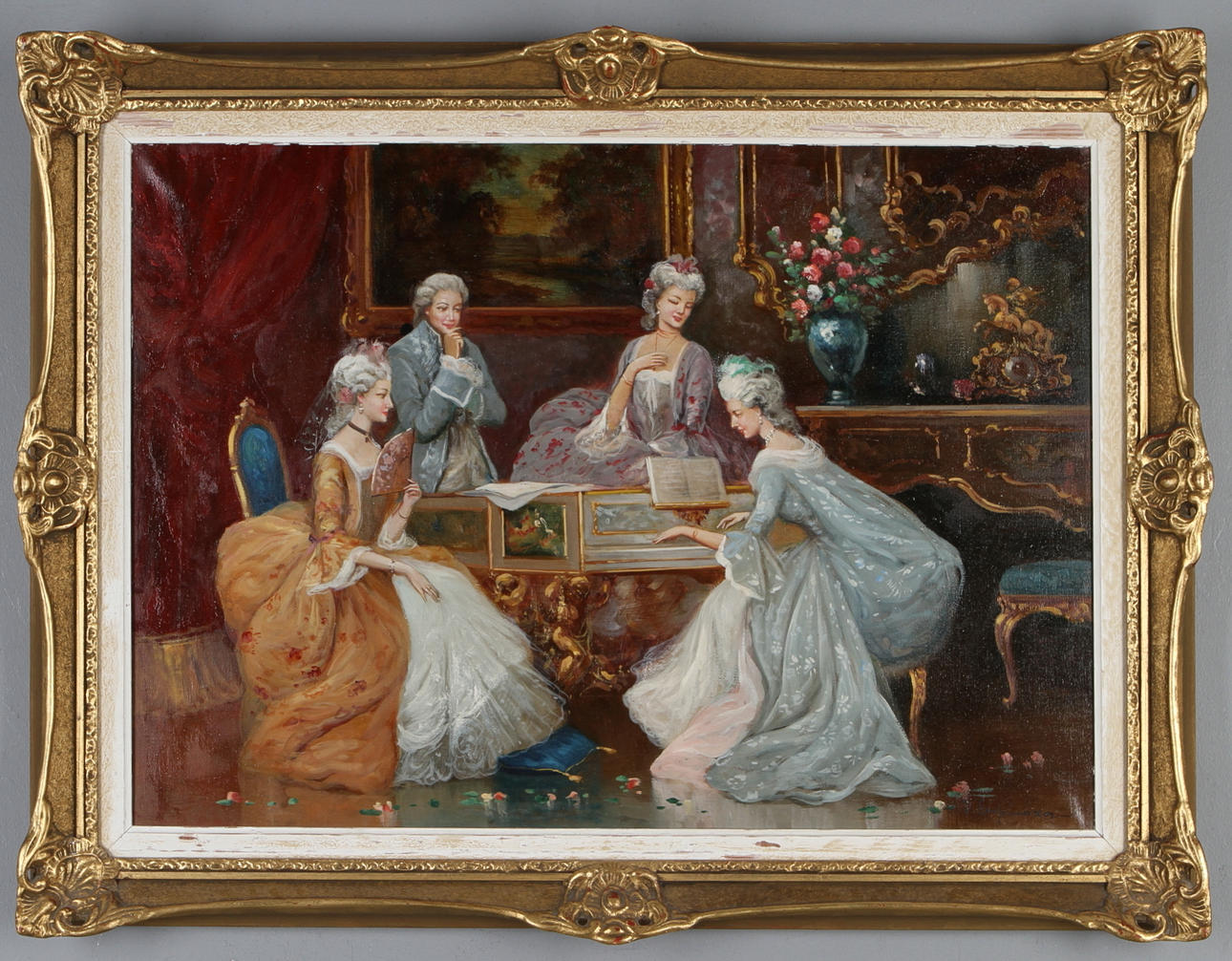 OKÄND KONSTNÄR. Interiörbild, olja på duk, otydlig signatur.