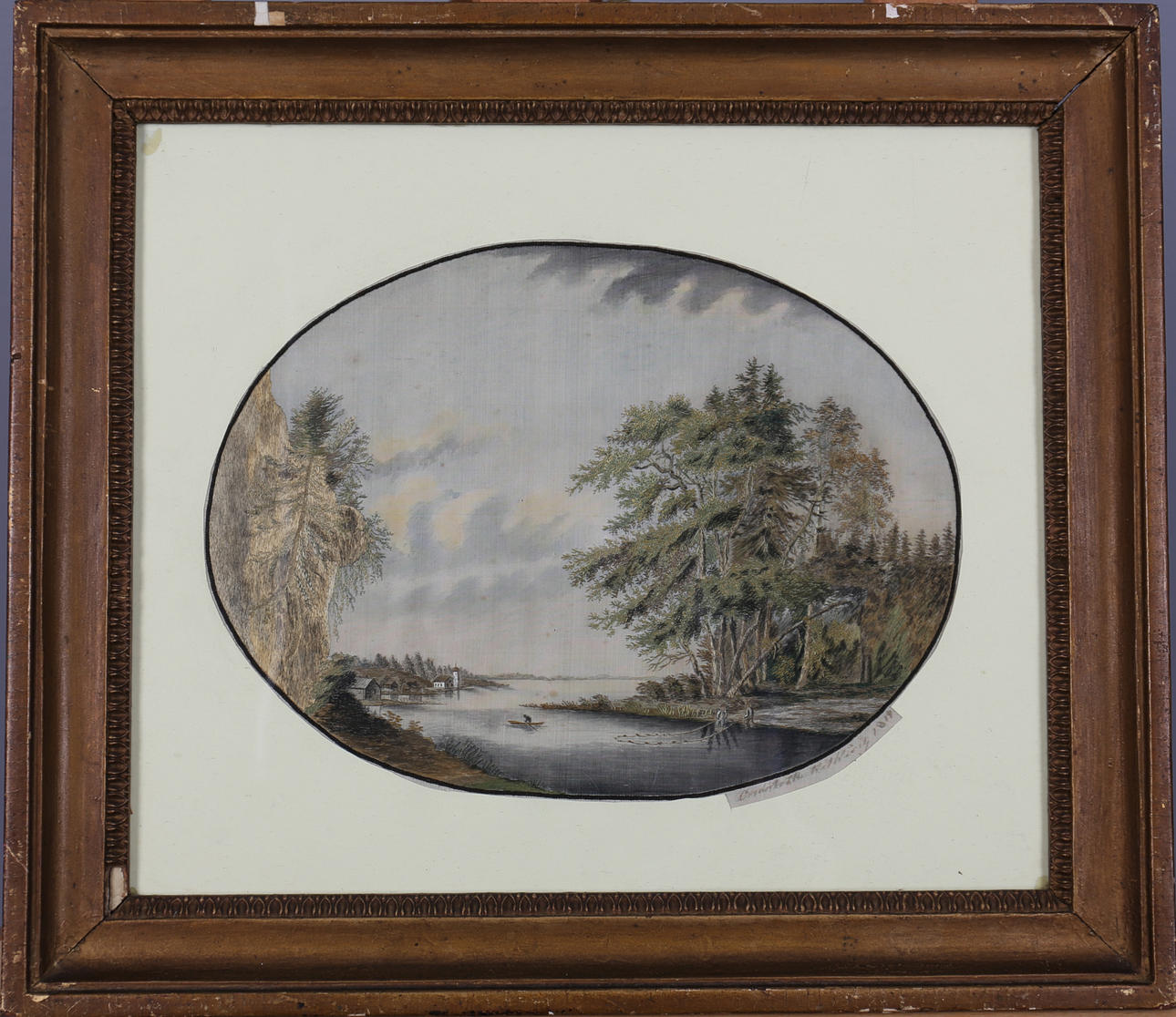 OIDENTIFIERAD KONSTNÄR. Sjölandskap. Sidenbroderi. Otydligt signerad och daterad 1812.