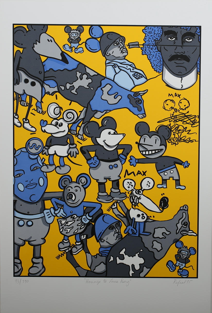 RAFAEL CARLOS GONZALEZ. "Homage to Lasse Åberg". Färgserigrafi. Signerad Rafael och daterad -95. 93/190.