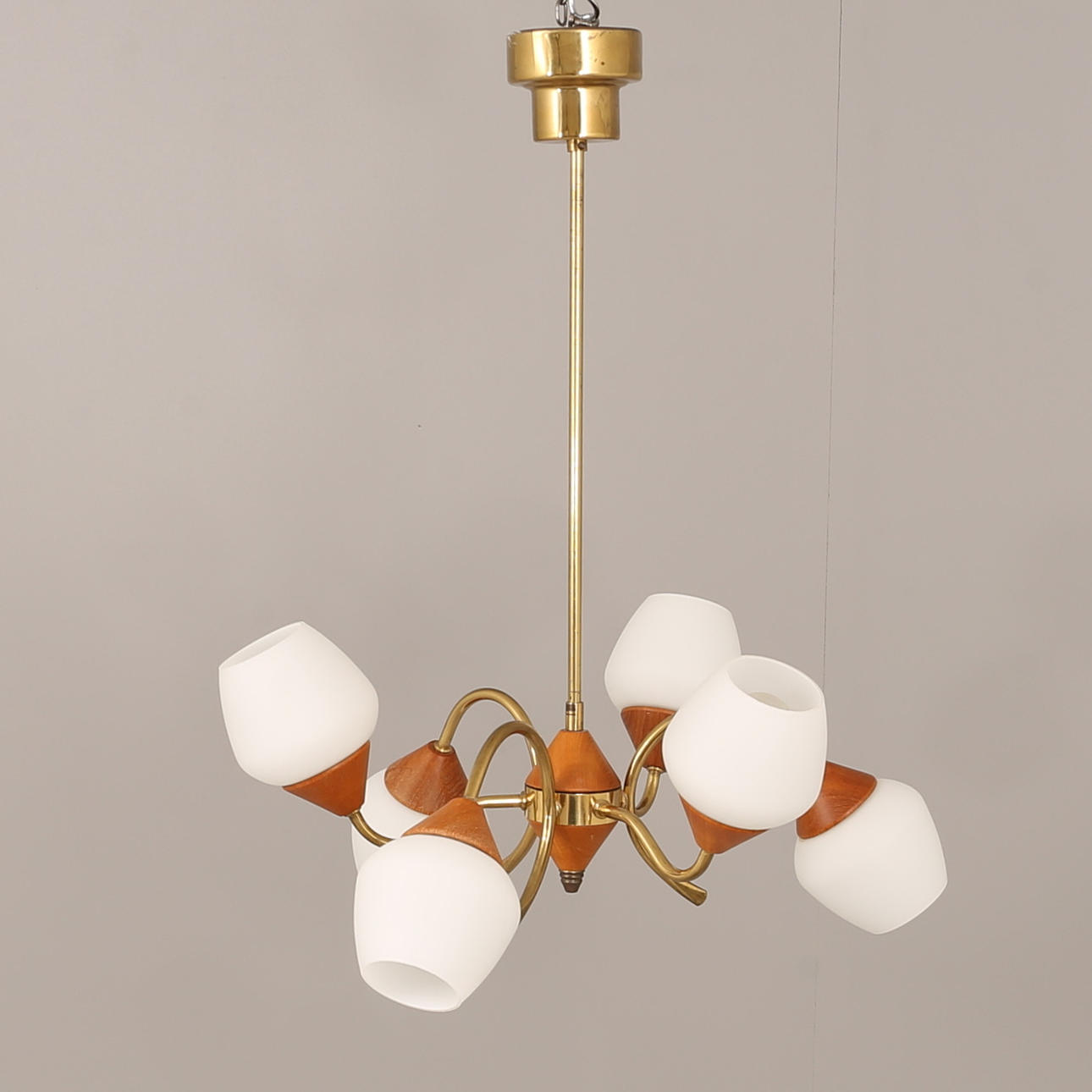 CEILING LAMP, teak and brass, 1950s/60s.