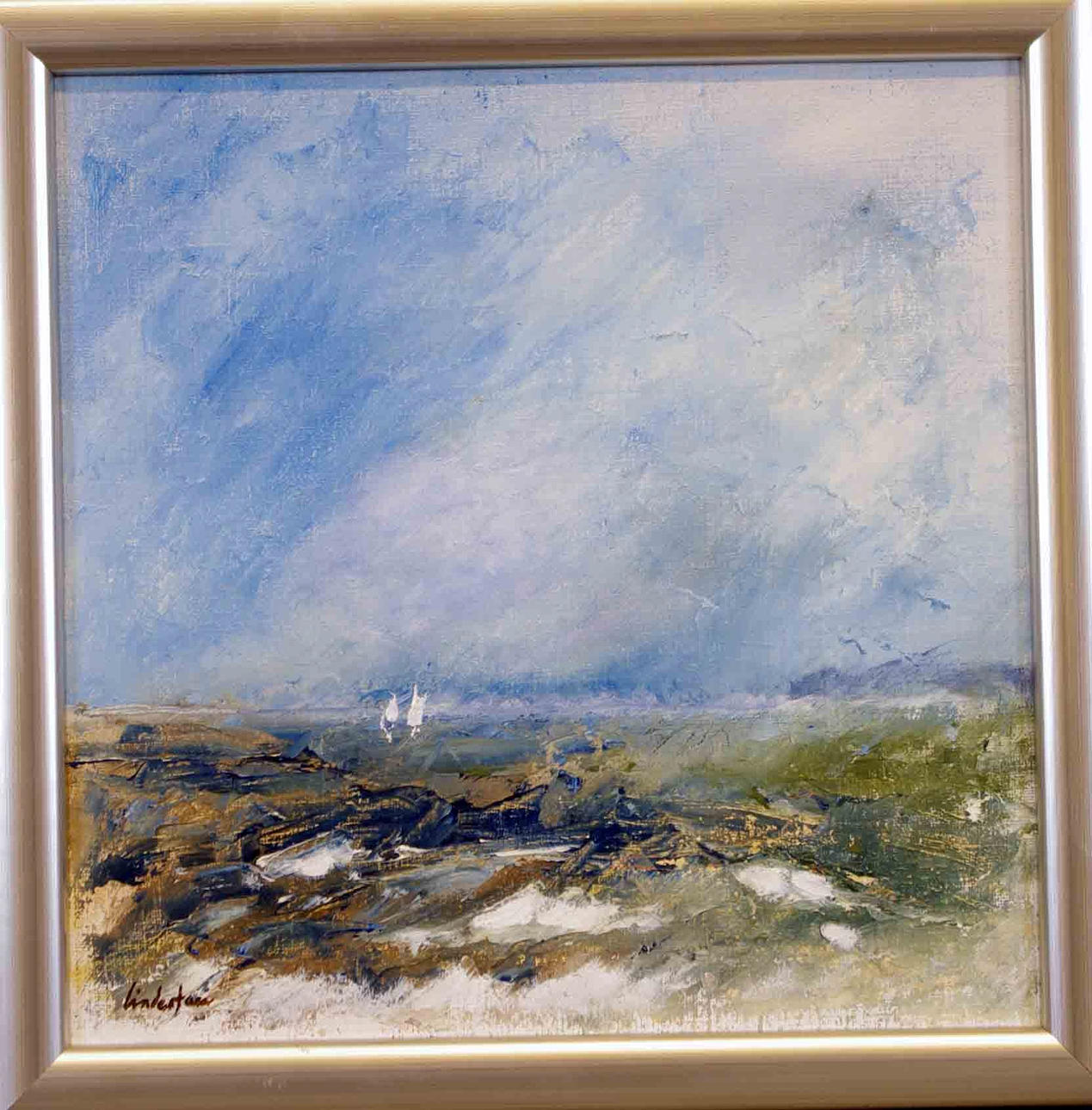 BIRGITTA LINDESTAM. "Storm vid Kullaberg", olja på duk.