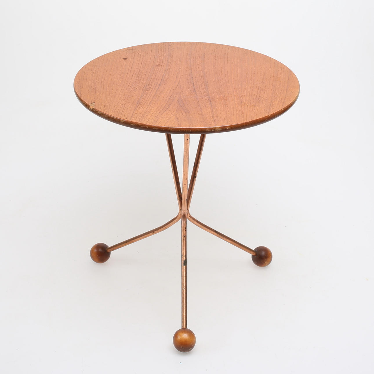 TISCH, Säulenfuß Retro, runde Teakplatte.
