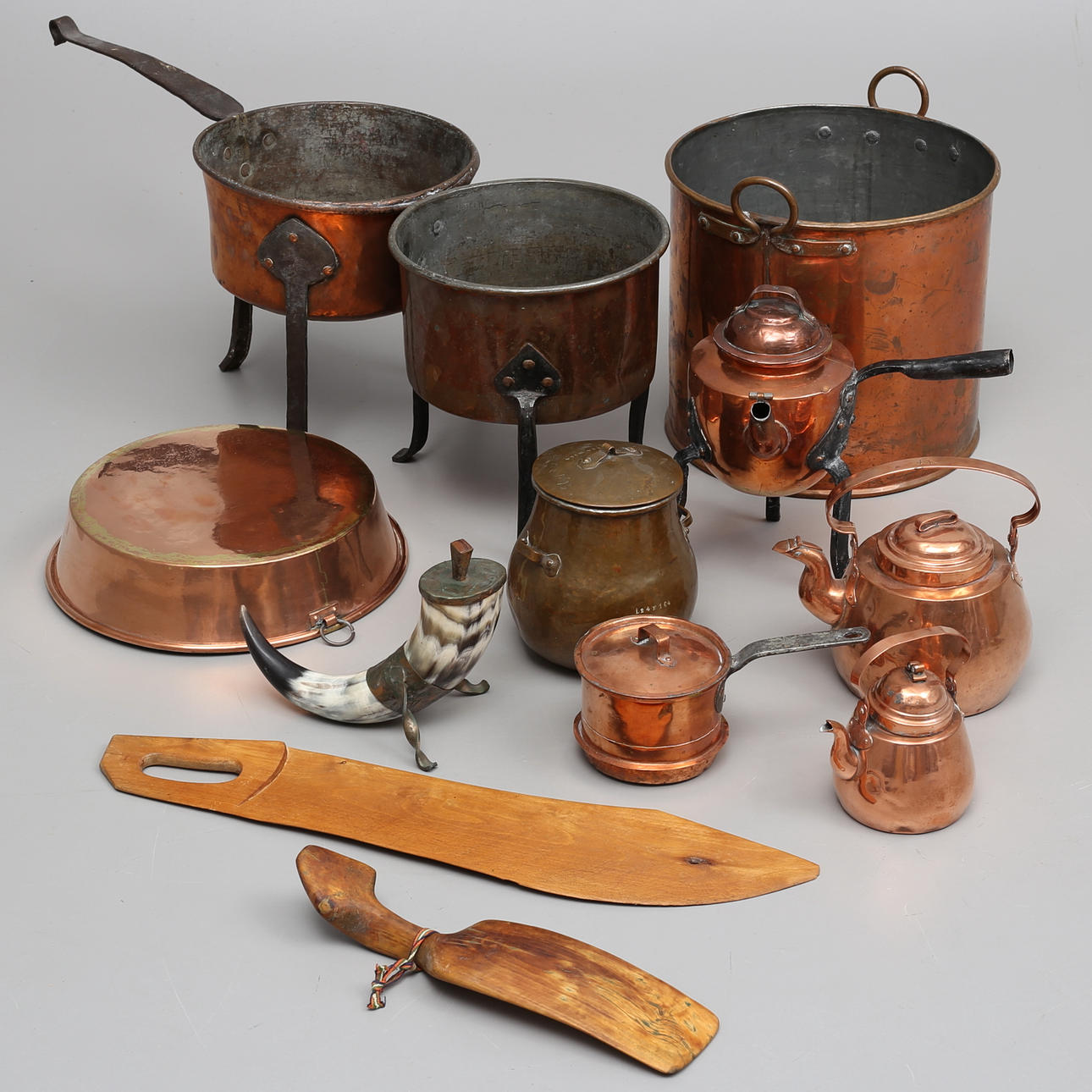 COPPER OBJECTS etc., 12 parts, 19th/20th century.