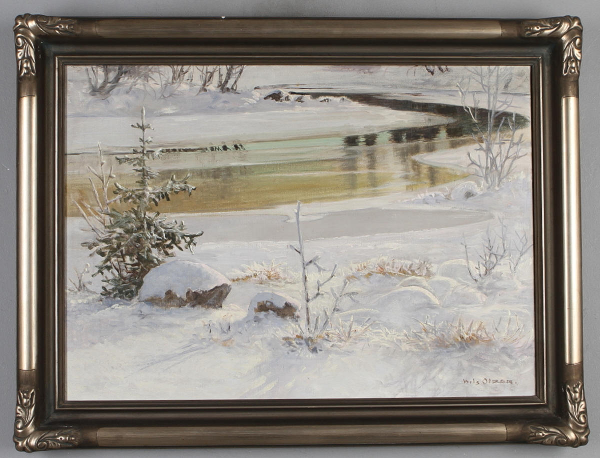 NILS OLZON. "Vintermotiv med vattendrag", olja på duk, signerad.