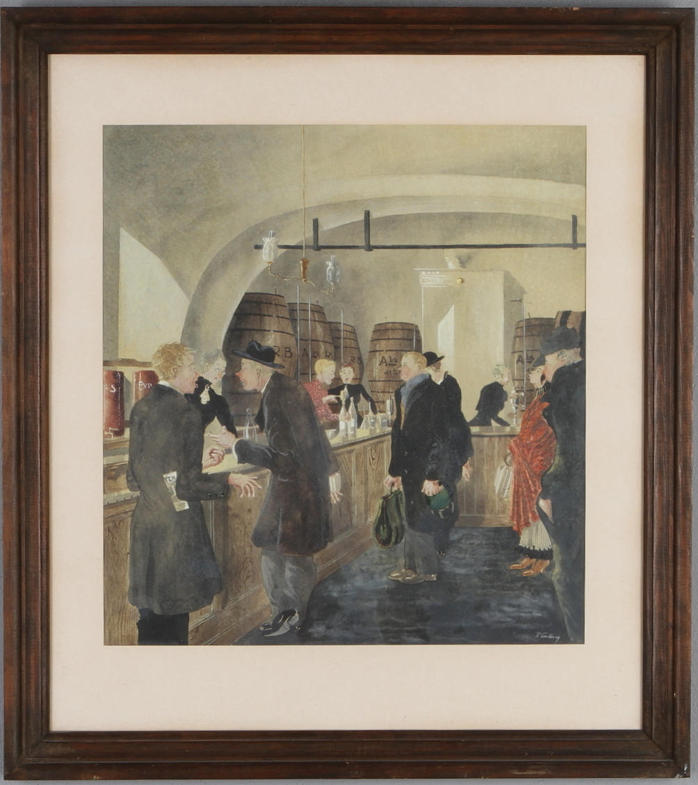 RUDOLF CARLBORG. Butikscen, blandteknik, signerad.