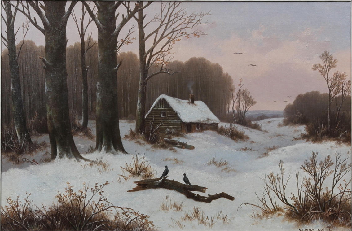 HENDRIK PIETER KOEKKOEK. Olja på duk, vinterbild med fåglar och stuga, signerad H.P Koekkoek.