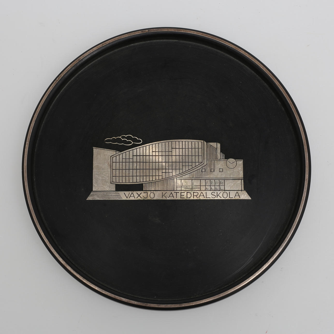COASTER, silver and bakelite, "Växjö Katedralskola", Perstorp 1986.
