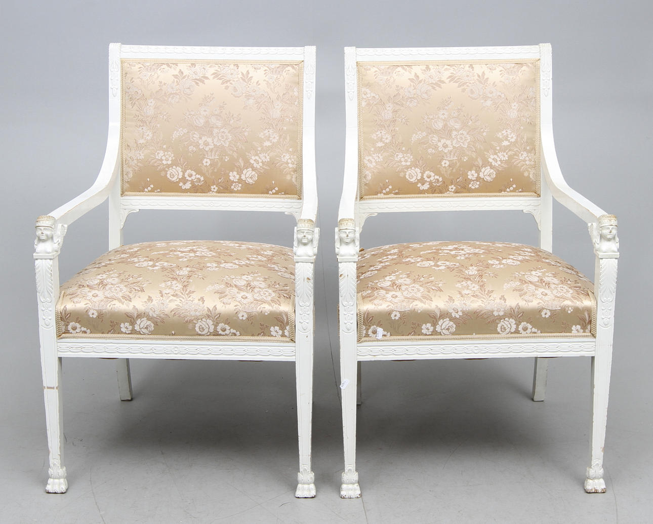 ARMCHAIRS, a pair and TABLE, Empire style, early 1900s.