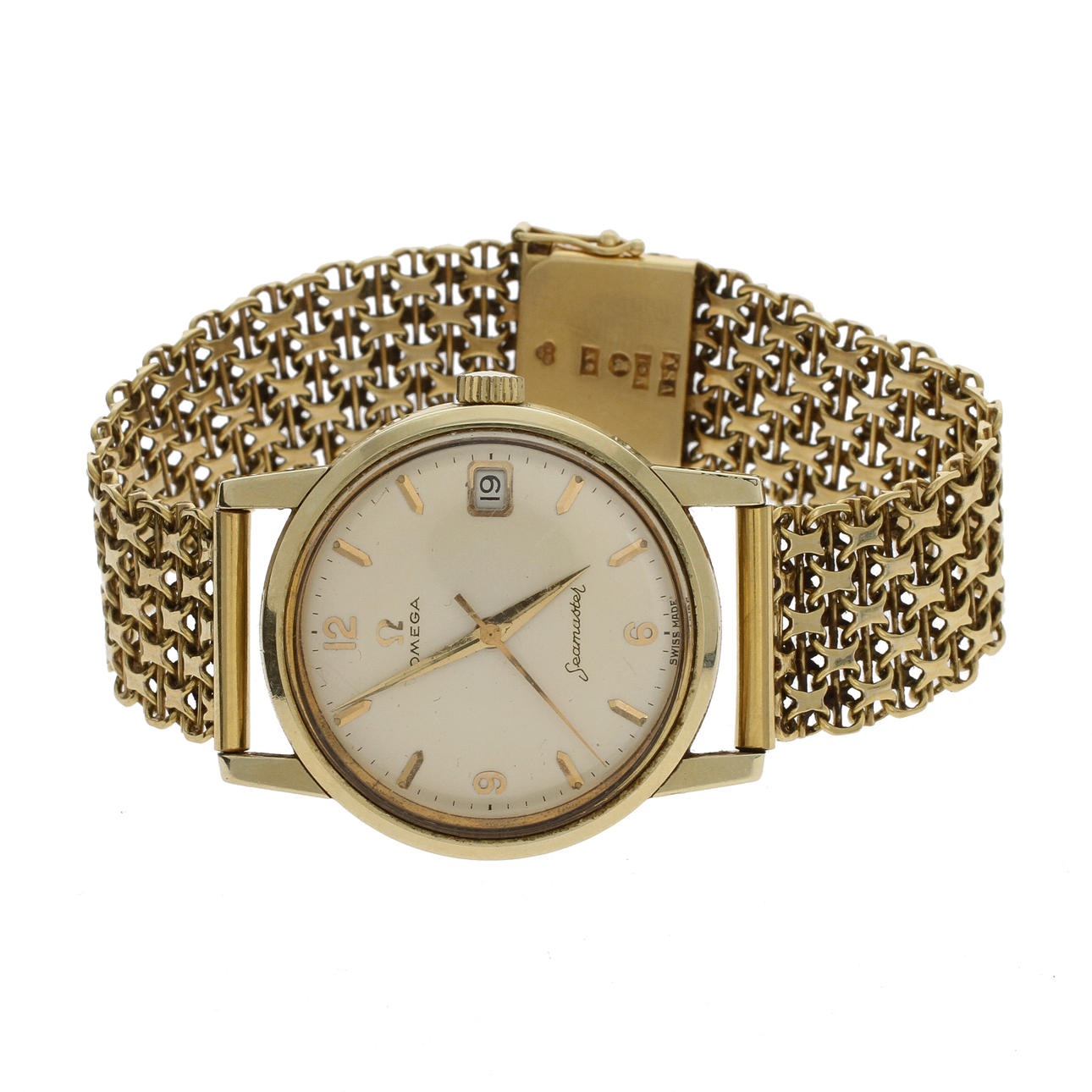 HERRARMBANDSUR, Omega Seamaster, 18k guld i länk, 60 gram brutto.