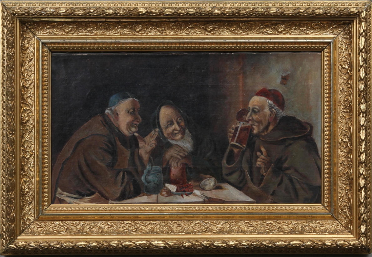 OKÄND KONSTNÄR. Munkar i dryckeslag. 1800-1900-tal.