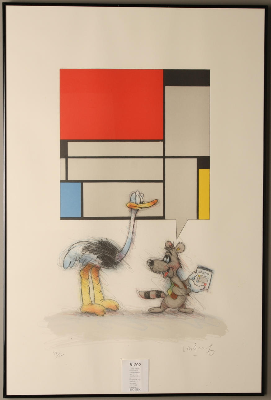 LASSE ÅBERG. Komposition med seriefigurer och Mondrianmålning. Färglitografi.Signerad och numrerad 47/175.