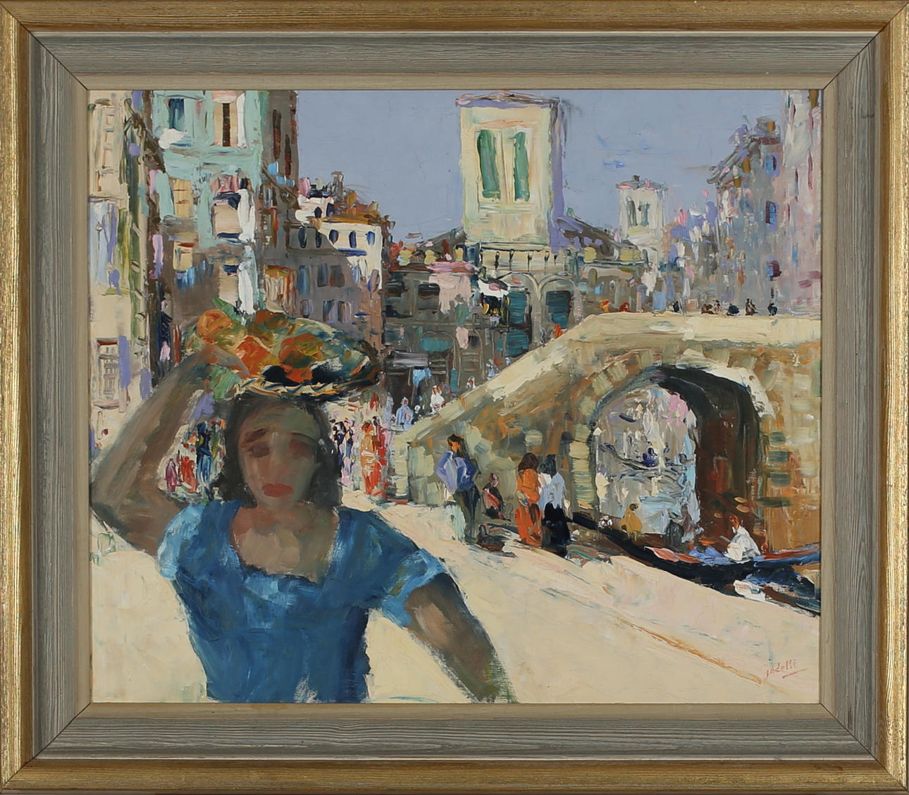 OIDENTIFIERAD KONSTNÄR. Italiensk stadsbild. Olja på duk. Signerad Gadelli.