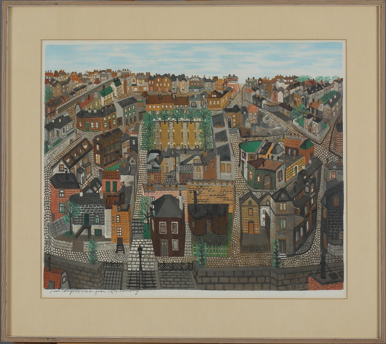 ARVID WIDERBERG. Stadsbild. Färglitografi. Signerad med dedikation "till tryckeriet från Widerberg".