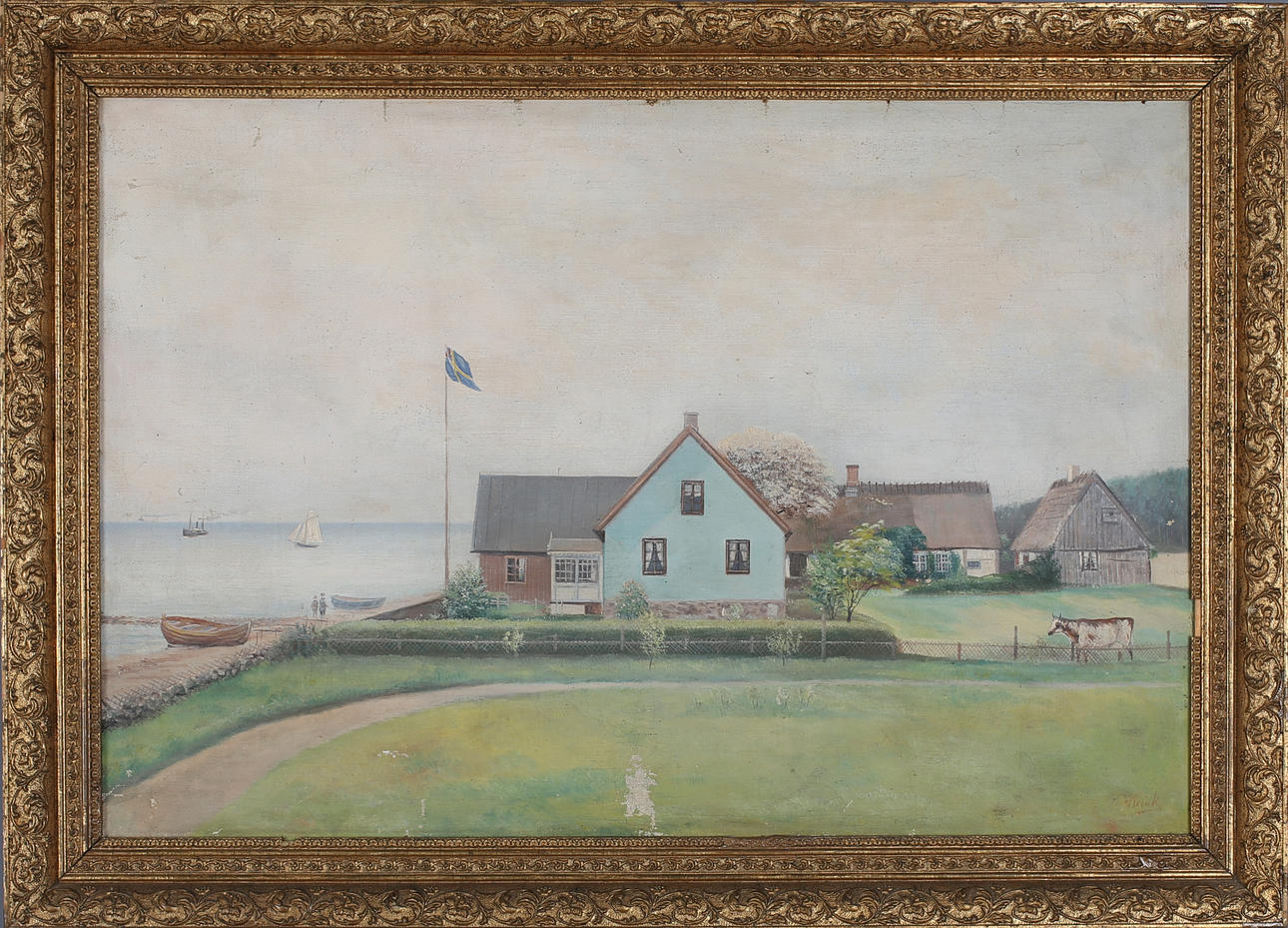 OIDENTIFIERAD KONSTNÄR. Gåramålning. Gård vid havet. Olja på duk. Signerad Brink.
