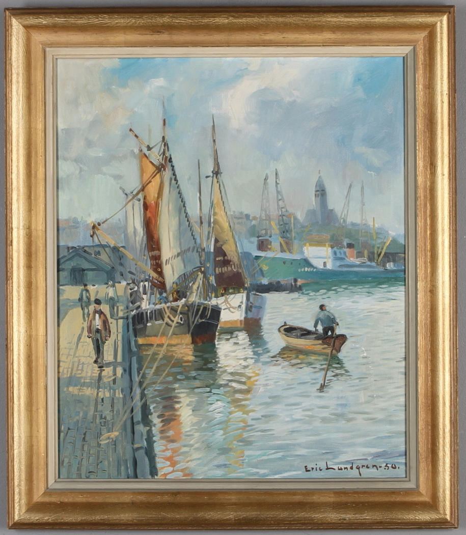 ERIC LUNDGREN. "Göteborgs hamn", olja på duk, signerad och daterad -50.