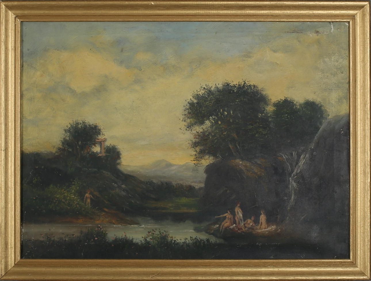 OKÄND KONSTNÄR. Landskap med badande kvinnor. Olja på duk. Osignerad.