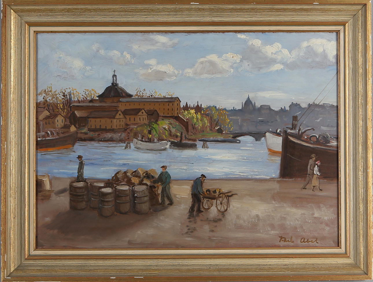 KARL ABEL. View towards Skeppsholmen, oil on Board, signed.