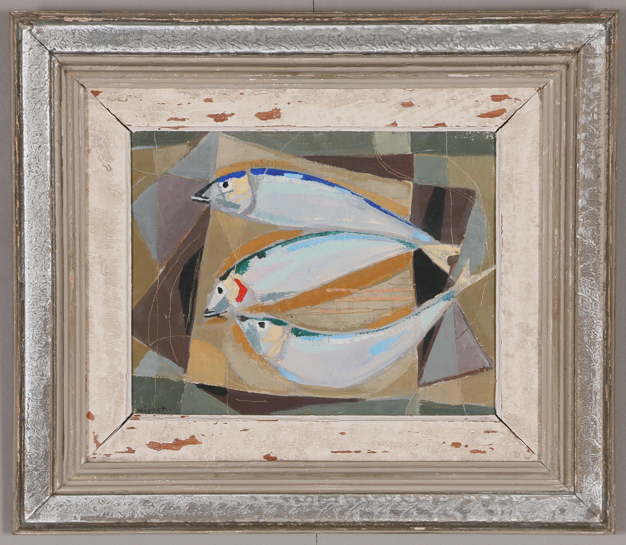 OIDENTIFIERAD KONSTNÄR. Oil on canvas, Fish on barrel, signed Hirsch.