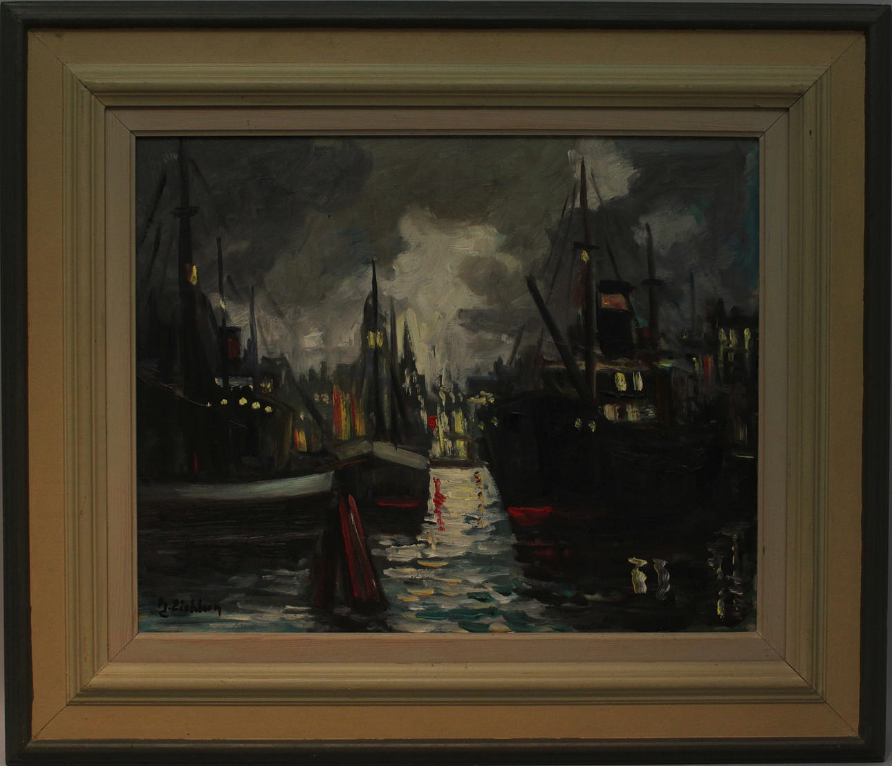 JACK EICHBORN. "Hamnen". Olja på pannå. Signerad J Eichborn.